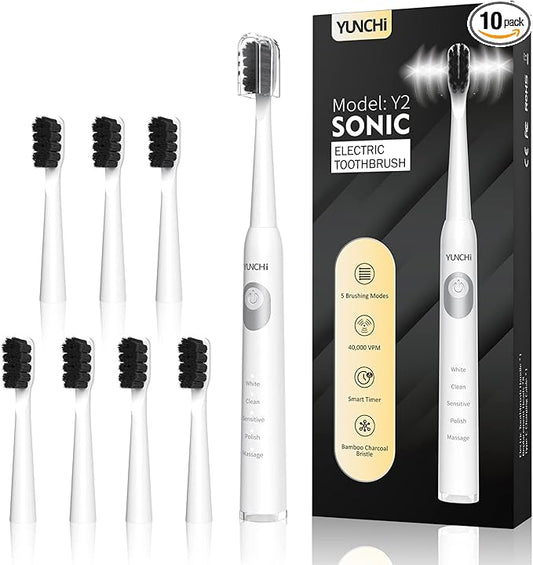 YUNCHI Sonic Electric Toothbrush for Adults & Kids with 8 Charcoal Brush Heads, Y2 Rechargeable Electric Toothbrushes, Deep Clean & Fresh Breath, 5 Modes, Fast Charge, 2 Mins Timer Tooth Brush,White