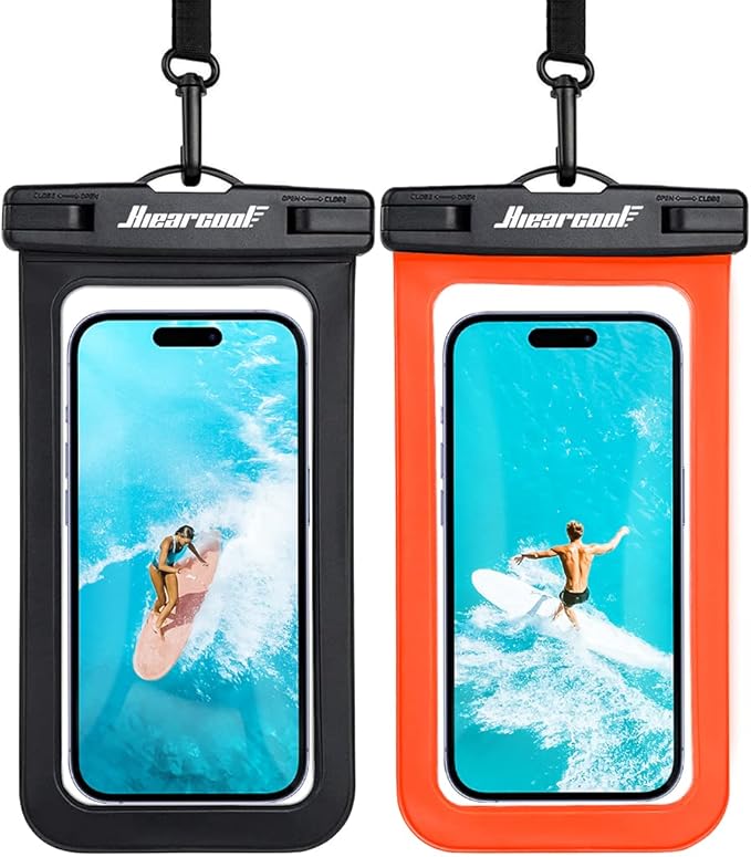 Hiearcool Waterproof Phone Pouch, Waterproof Phone Case, Waterproof Cellphone Pouch Under Water Beach Accessories for iPhone -Black&Orange -2Pack-StrideForce Fitness