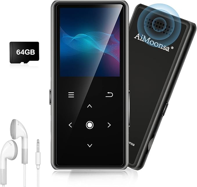 64GB MP3 Player with Bluetooth 5.2, AiMoonsa Music Player with Built-in HD Speaker, FM Radio, Voice Recorder, HiFi Sound, E-Book, Earphones Included-StrideForce Fitness