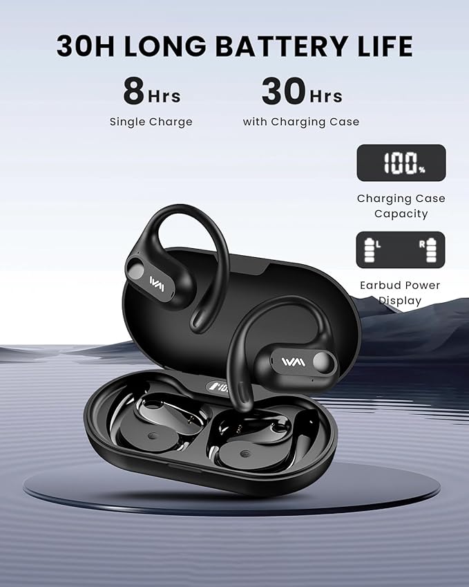 Open Ear Headphones,Bluetooth 5.3 Air Conduction Headphones ,Comfortable for Long Wear ,Powerful Bass,AI Clear Calls,30H Playback,IPX6 Light Weight Open Ear Earbuds with Ear-Hook for Workout,Running-StrideForce Fitness