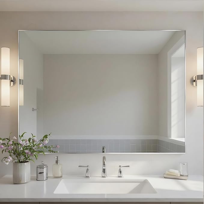 30x40 Inch Nickel Bathroom Mirror for Wall, Aluminum Frame Rectangle Rectangular Vanity Mirror, Modern Large for Bedroom, Living Room, Horizontal or Vertical-StrideForce Fitness