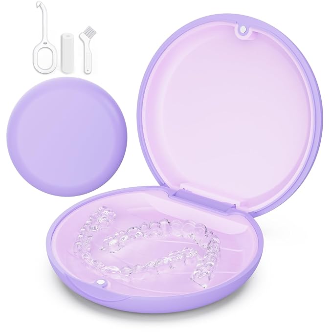 Retainer Case, Slim Aligner Case Compatible with Invisalign, Cute Retainer Box with Silicone Pad, Purple