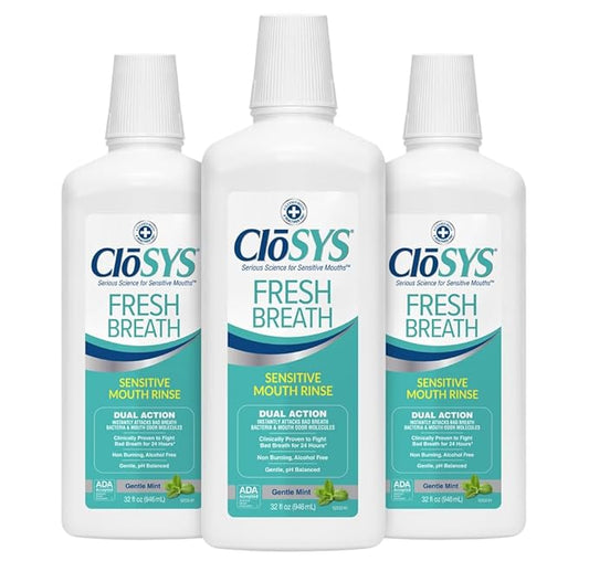 CloSYS Mouthwash, 32 Ounce, 3 Count, Fresh Breath Mouthwash, Gentle Mint, Alcohol Free, Dye Free, pH Balanced Mouth Wash, Helps Soothe Entire Mouth, Fights Bad Breath