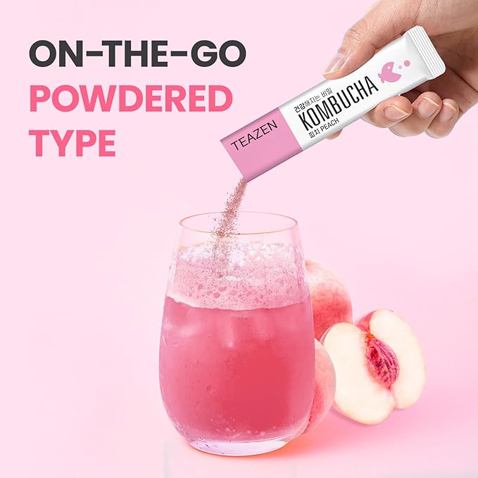 TEAZEN Peach Kombucha Tea, Hydration Drink Mix, Sugar Free, Live Probiotics & Prebiotics, 30 Sticks, 5.29oz-StrideForce Fitness