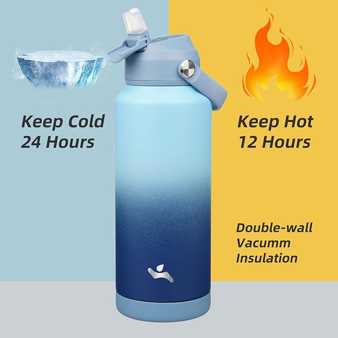 Insulated Water Bottle with Straw Lid,32 oz Stainless Steel Vacuum Metal Bottle with Silicone Handle, Sky-StrideForce Fitness