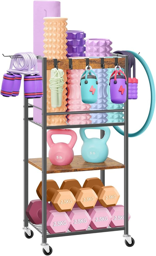 Home Gym Storage Rack, Heavy Duty Yoga Mat Holder Workout Equipment Storage Organizer Weight Rack with Hooks & Wheels for Dumbbells Kettlebells Dumbbell Yoga Block Foam Rollers Yoga Strap Resistance Bands, Fitness Exercise Equipment-StrideForce Fitness