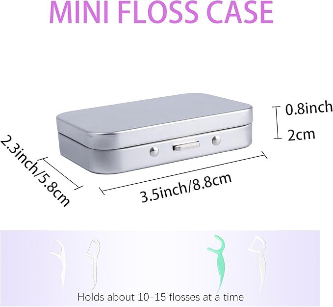 2Pack Dental Floss Portable Case,Refillable Portable Floss Pick Holder Container with Mirror,Small Floss Dispenser for Travel, Dates,Dinners and Hotels(Silver)