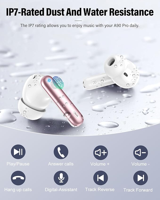Wireless Earbuds, Bluetooth 5.4 Headphones Bass Stereo, Ear Buds with Noise Cancelling Mic, IP7 Waterproof in Ear Earphones, 36H LED Display Bluetooth Earbuds for Laptop Pad Phones Sports, Rose Gold-StrideForce Fitness