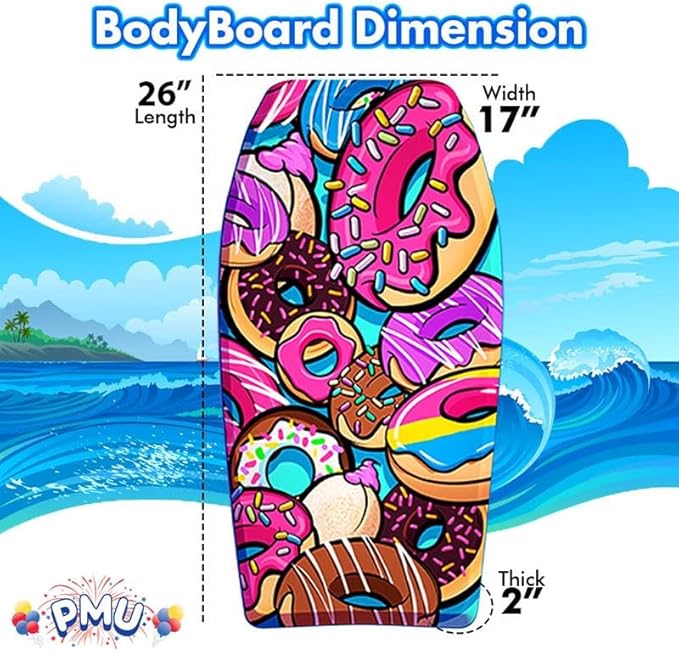 PMU 33 Inch Donut Printed Bodyboard - Lightweight Wrist Leash Body Board for Beach, Sea & Pool - Surfing Board for Teens & Adults Wave Conditions Pkg/1-StrideForce Fitness