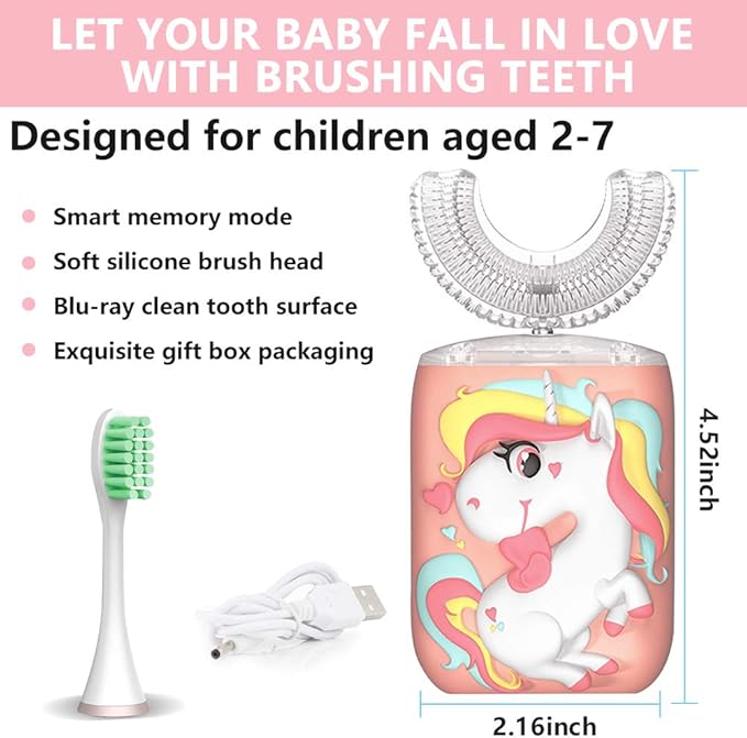 Kids Toothbrush Electric, U Shaped Ultrasonic Automatic Toothbrush with 2 Brush Heads, Six Cleaning Modes, Cartoon Modeling Design for Kids, Special for Birthday Gift (Pink, Kids 2-7)