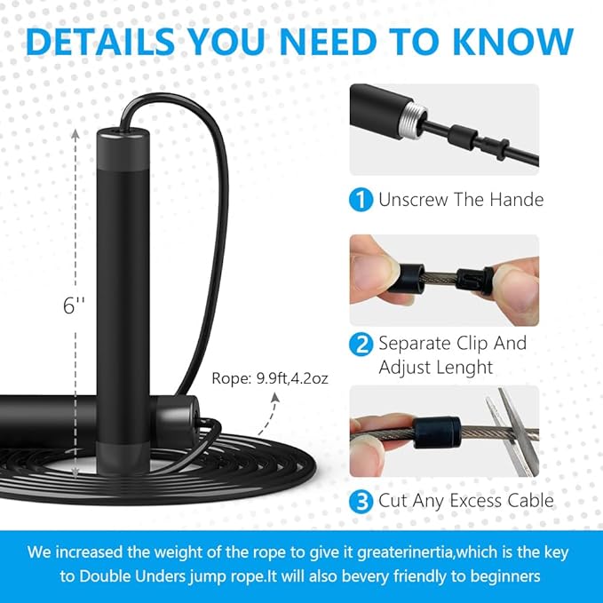 Jump Rope, HANDIO jump ropes 1/2 lb Weighted Jump Rope for Boxing, Cardio, Crossfit Workout, 8~10ft Range Adjustable Length Steel Ropes with Ball Bearings and Metal Handles, Jumpropes Suitable for Men-StrideForce Fitness