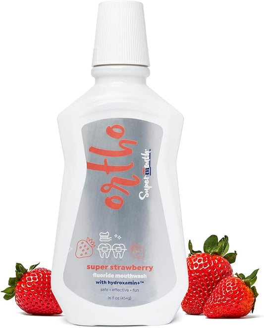 SuperMouth® Ortho Mouthwash – Fluoride + Nano-Hydroxyapatite, Vitamins D3 & K2, Prebiotics, Alcohol-Free, Alkaline pH, Protects Teeth with Braces & Aligners, Reduces White Spots, Tasty Flavors