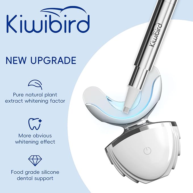 KIWIBIRD Teeth Whitening Kit for Sensitive Teeth – 3 Gel Pens, LED Light with Wireless Charging Case, IPX7 Waterproof, Enamel-Safe at-Home Dental Care Tool