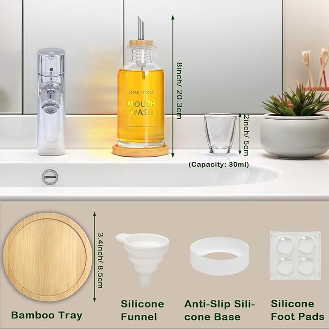 Mouthwash Dispenser for Bathroom 11.8oz – Clear Glass Mouthwash Bottle with Bamboo Tray, Silicone Base, Gold Hot-Stamped Lettering, Refillable Mouthwash Container for Bathroom (Clear)