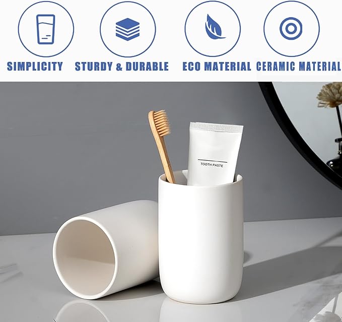 Toothbrush Holders for Bathrooms - 2 Cups Ceramic Toothbrush Toothpaste Holders Set, White Bathroom Tumbler Cups Reusable Toothbrush Mouthwash Cup, Bathroom Counter Organizer