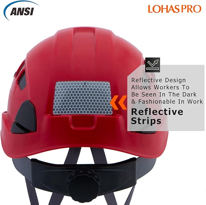 LOHASPRO Hard Hats Construction Safety Helmet ANSI Z89.1 Approved OSHA Hardhat, Vented Men Worker Red Hard Hat with Chin Strap Tree Climbing Rescue Arborist Helmet (P6 Red)-StrideForce Fitness