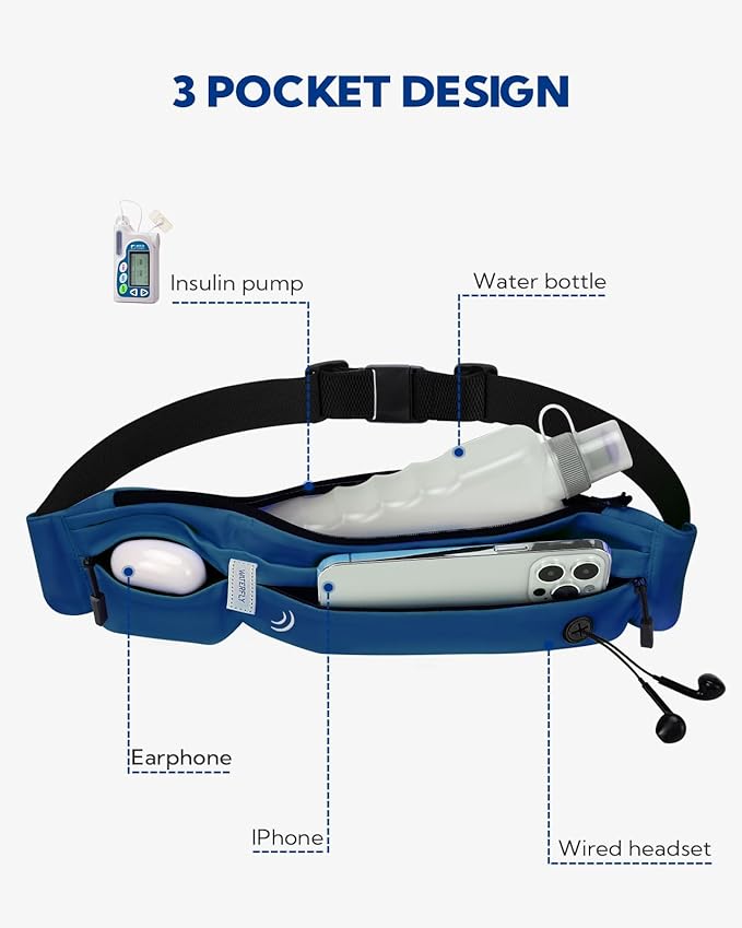 WATERFLY Running Belt Fanny Pack: Runner Marathon Jogging Waist Pack Sport Workout Exercise Fitness Phone Holder Belt for Men Women Jogger Slim Waistband Dark Blue-StrideForce Fitness