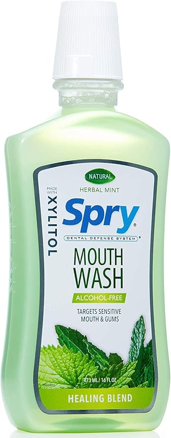 Spry Natural Xylitol Mouthwash Fluoride Free with Enamel Support, Alcohol-Free, Gentle, Non-GMO, Herbal Mint - 16 fl oz (Pack of 3)