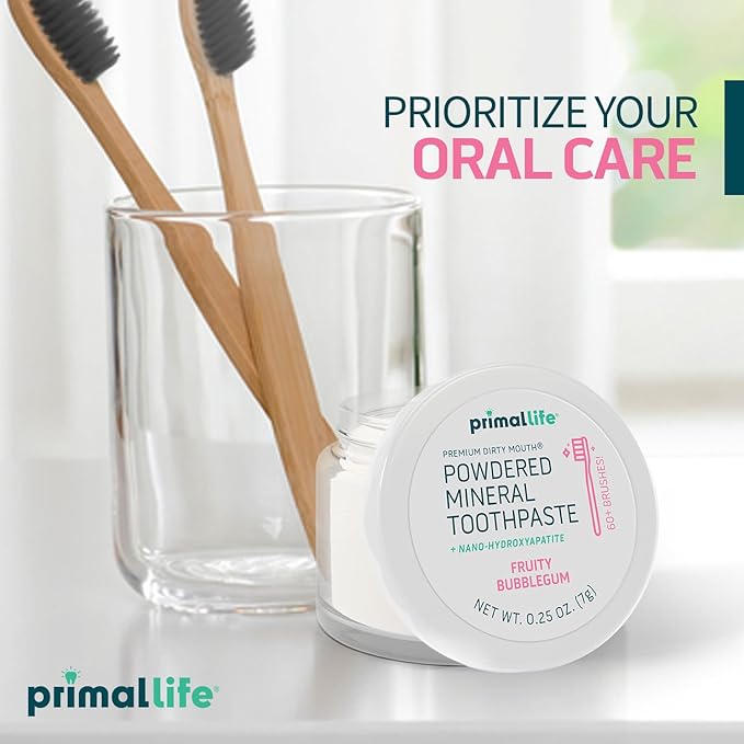 Primal Life Organics - Dirty Mouth Toothpowder, Tooth Cleaning Powder, Flavored Essential Oils with Natural Kaolin & Bentonite Clay, Good for 60+ Brushings, Organic, Vegan (Sweet Bubblegum, 0.25 oz)