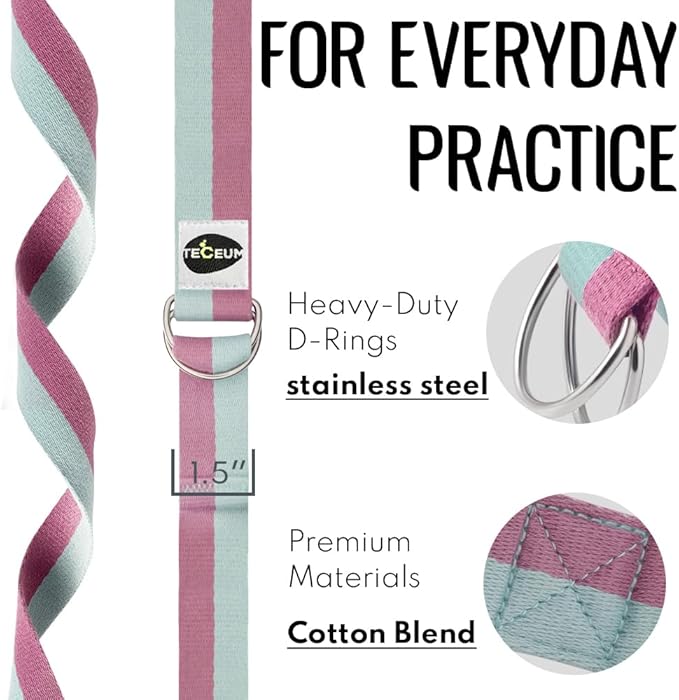 TECEUM Yoga Strap & Mat Strap – 2 IN 1 – Cotton – 6 ft 8 ft 10 ft (30+ colors) – Adjustable Non-Slip Belt for Yoga, Pilates, Stretching, Physical Therapy, Fitness & Home Workout – For Carrying Mats-StrideForce Fitness
