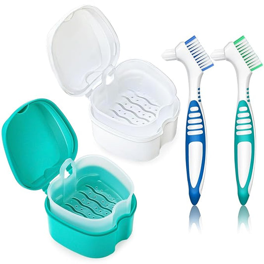 2 Pack Partial Denture Bath Case Retainer Cleaning Case Travel, Denture Storage Container False Teeth Case Denture Cups for Soaking Full Dentures, Braces, Mouth Guard - Lake Green & White