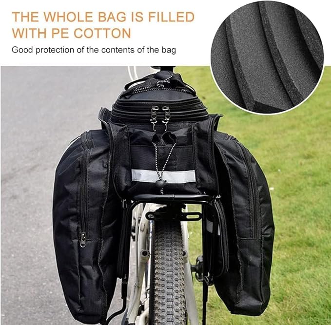 Bike Rear Rack Bag,10-25L Bicycle Trunk Bag with Rain Cover, Pannier Bike Bag with 2 Side Foldable Panniers, with Reflective Strips and Shoulder Strap, for Shopping,Cycling,Trip (Black)-StrideForce Fitness