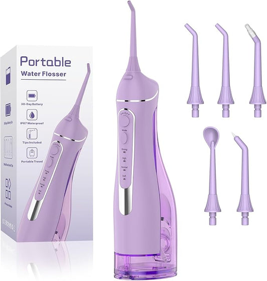 Cordless Portable Water Flosser with 300ML Tank: Rechargeable Oral Irrigator with 5 Tips for Travel, Braces Care and Sensitive Gums, IPX7 Waterproof Teeth Cleaning Device(Purple)