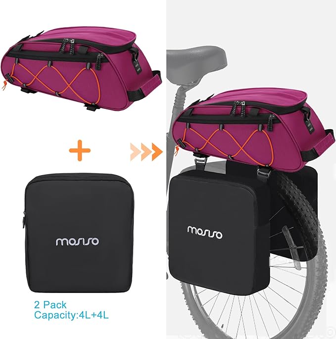 MOSISO Bike Rack Bag with 2 Removable Panniers, Waterproof Bike Trunk Cooler Storage Handbag Insulated Bicycle Rear Seat Pouch, Bicycle Storage Saddle Shoulder Bag Cycling Luggage Pouch, Rose Red-StrideForce Fitness