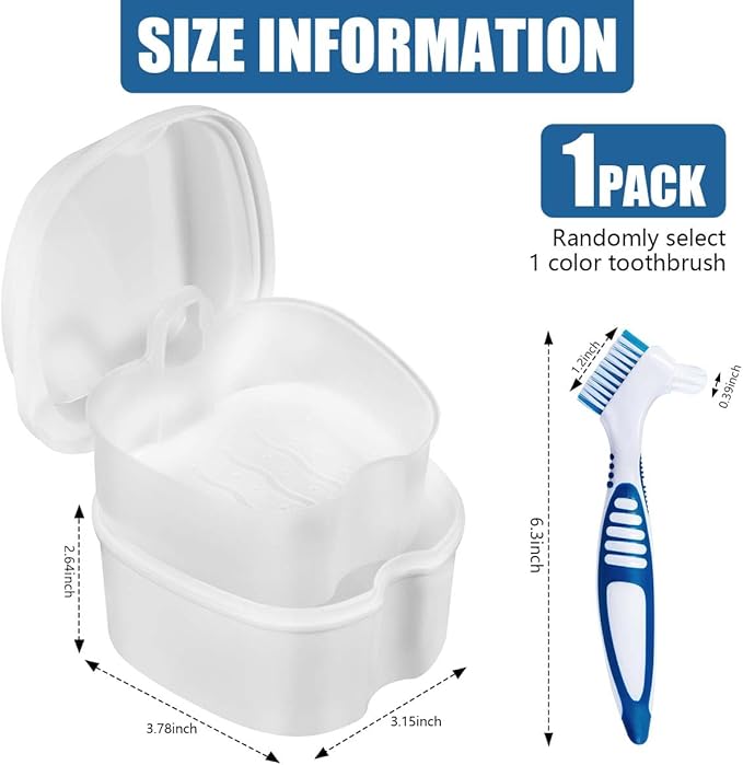 White Denture Bath Case Cup Box Holder Storage Container with Denture Cleaner Brush Strainer Basket for Travel Cleaning
