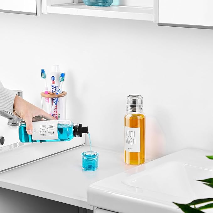 VITVITI Glass Mouthwash Dispenser for Bathroom, 10 OZ Mouth Wash Container Bottle with Lid Cup, Countertop Small Clear Refillable Mouthwash Dispensers Decanter (Black)