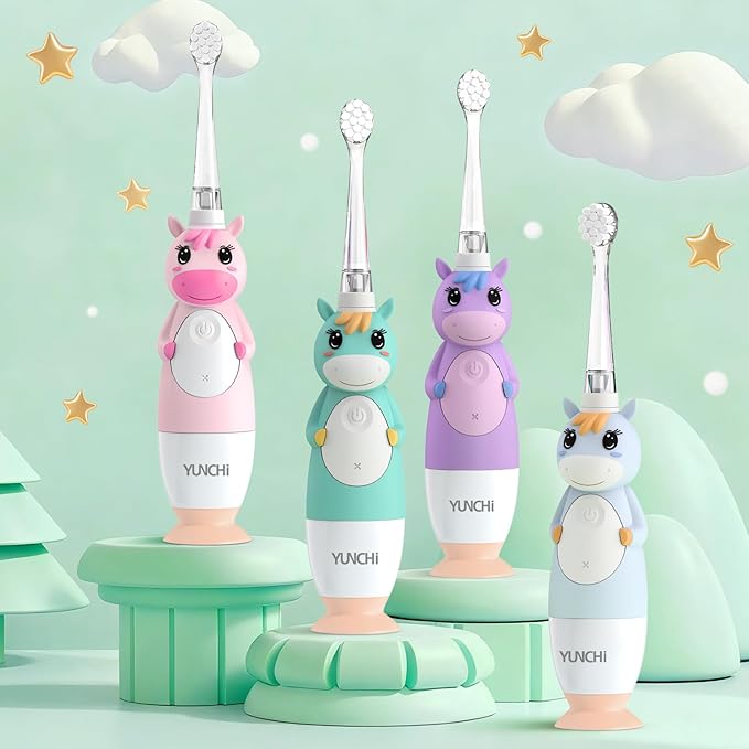 YUNCHI Toddler Electric Toothbrush Kids 0-3-6 Years, Baby Electric Toothbrush with Colorful LED Light, Battery Powered Toddler Toothbrush with 2 Minutes Timer 4 Brush Heads, Infant Toothbrush (Green)