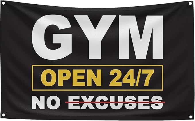 GYM OPEN 24/7 INDOOR NO EXCUSES Motivational Gym Banner, 3x5 Ft Single-sided Printing Inspirational Wall Decor Flag, Perfect Motivational Wall Decor, Keep Motivated and Passion with Gym Flag-StrideForce Fitness