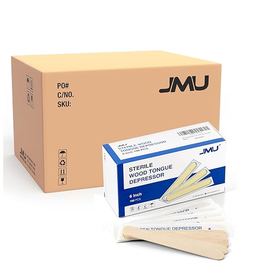 JMU Tongue Depressor Sterile 5000Pcs, 6" Tongue Depressor Wood Individually Wrapped (100pcs/Box, 50 Boxes)