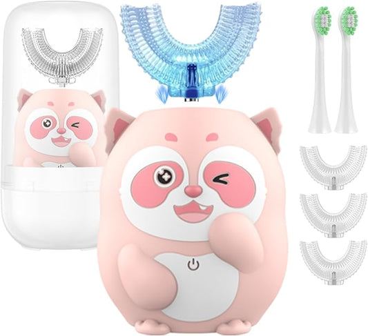 Kids Electric Toothbrush, U Shaped Toothbrush Kids Sonic Automatic Brush with 5 Brush Head 6 Sonic Clean Modes IPX7 Waterproof Raccoon Design Rechargeable Smart Timer for Children 2-7