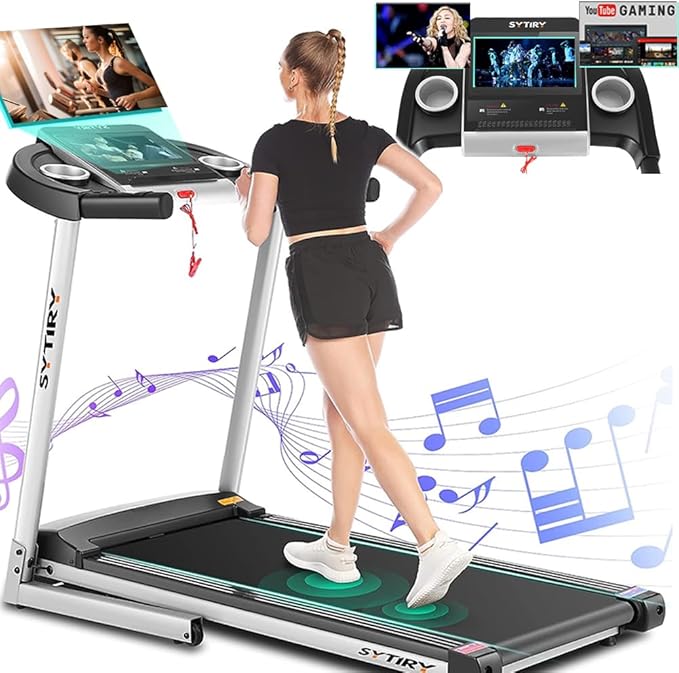 SYTIRY Treadmills for Home with TV Screen and WiFi,Smart Foldable Treadmill Machine,3D Virtual Sports Scene,HiFi Speakers,Popular APP for Social Networking,Video,and Search,Walking Treadmill-StrideForce Fitness