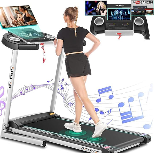 SYTIRY Treadmills for Home with TV Screen and WiFi,Smart Foldable Treadmill Machine,3D Virtual Sports Scene,HiFi Speakers,Popular APP for Social Networking,Video,and Search,Walking Treadmill-StrideForce Fitness
