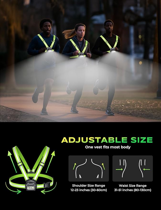 500LM High-Visibility Running Lights for Runners with 7 Modes, Adjustable 45° Beam, 360° Reflective Vest & IPX4 Waterproof Running Vest for Night Walking/Cycling/Jogging, 3.5-20Hrs Runtime-StrideForce Fitness