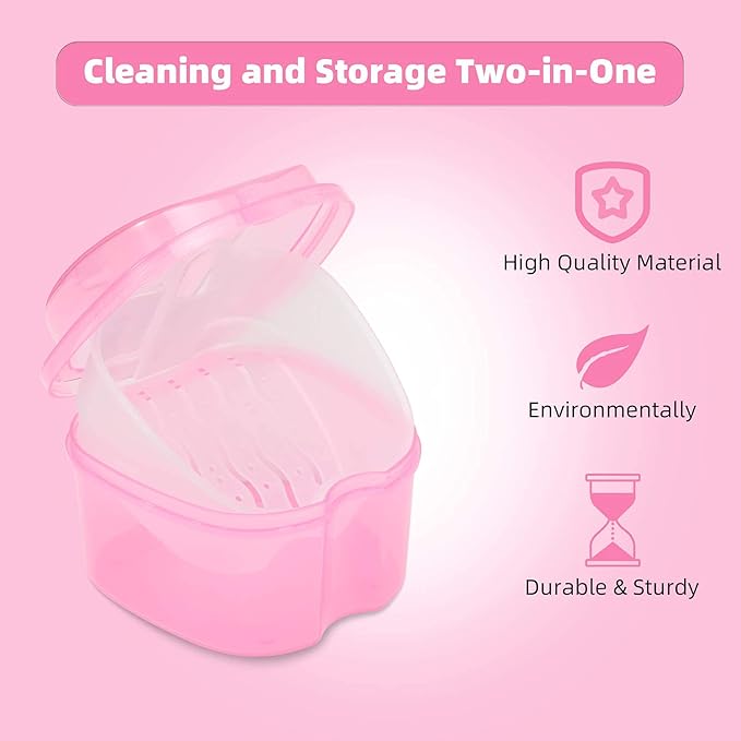 Dental Orthodontic Retainer Container Cleaning Case,Denture Bath Box Case Cup Holder, Mouthguard Storage Soaking Case - Pink