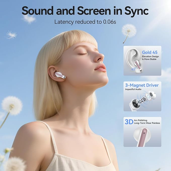 Wireless Earbuds, 2025 Bluetooth 5.3 Headphones HiFi Stereo 50H Playback Ear Buds with Led Digital Display, ENC Noise Cancelling Earbuds for Laptop Computer, iOS, Android, Rose Gold-StrideForce Fitness