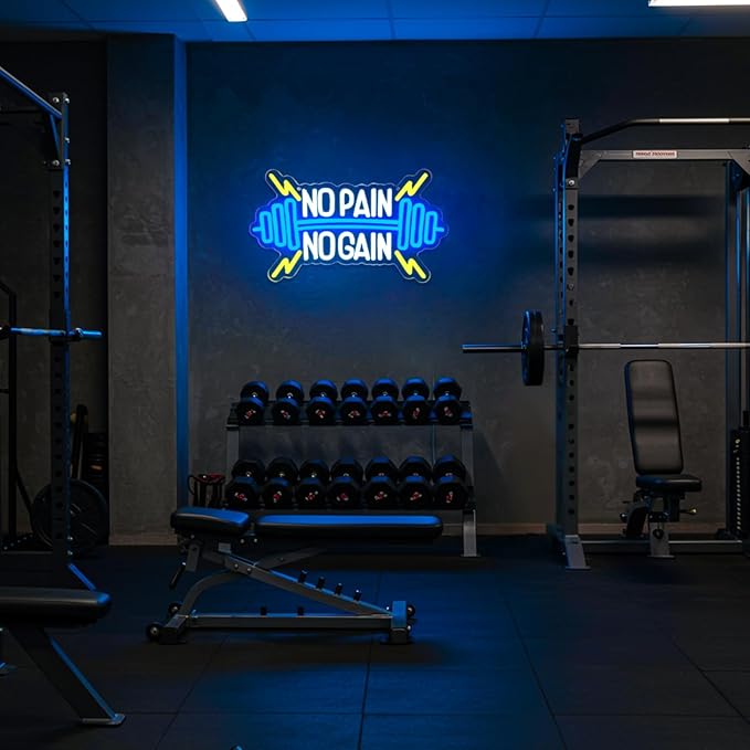 No Pain No Gain Neon Sign for Gym Wall Decor,Led Sign,Neon Lights for Bedroom,Motivational LED Light Up Sign for Home Fitness Room,Garage,Workout,Man Cave,Blue & Yellow Barbell Neon Light-StrideForce Fitness