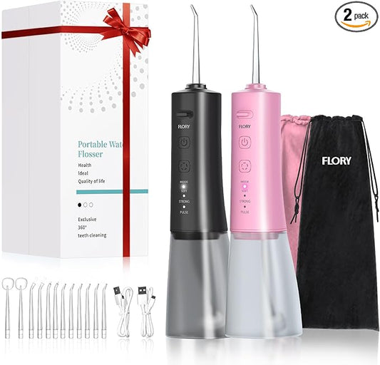 2 Pack Water Flosser for Teeth, Portable Cordless Water Dental for Couples, Travel Water Flossers with 3 Modes and 12 Tips, Rechargeable & IPX7 Waterproof, Travel Portable Dental Cleaner (Black&Pink)