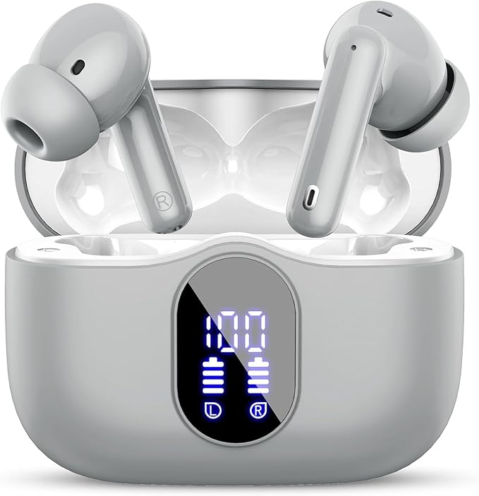 Wireless Earbuds, Bluetooth 5.4 Headphones Bass Stereo, Ear Buds with Noise Cancelling Mic, IP7 Waterproof in Ear Earphones, 36H LED Display Bluetooth Earbuds for Laptop Pad Phones Sports, Grey-StrideForce Fitness