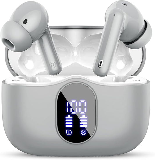 Wireless Earbuds, Bluetooth 5.4 Headphones Bass Stereo, Ear Buds with Noise Cancelling Mic, IP7 Waterproof in Ear Earphones, 36H LED Display Bluetooth Earbuds for Laptop Pad Phones Sports, Grey-StrideForce Fitness