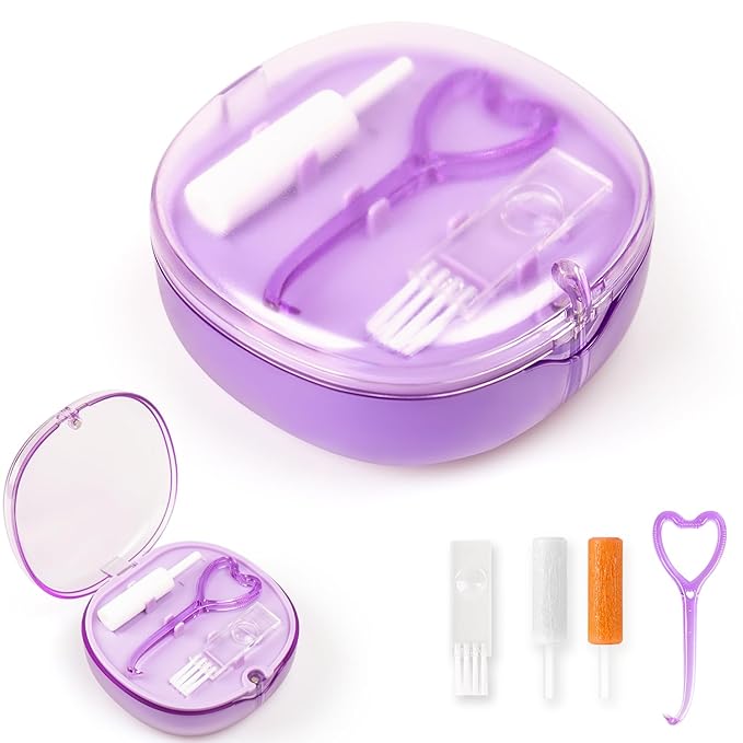 Double Layer Retainer Case Portable Aligner Case for Orthodontics Build In Mirror With Removal Tool, Chewies & Cleaning Brush, Travel Retainer Case Kit (purple)