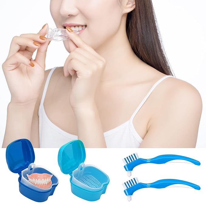 Denture Cleaner Box and Brush Set - 2 Pack Denture Bath Case with Basket + 2 Pack Denture Brushes, Portable Denture Retainer Storage Box, False Teeth Brushes for Oral Care