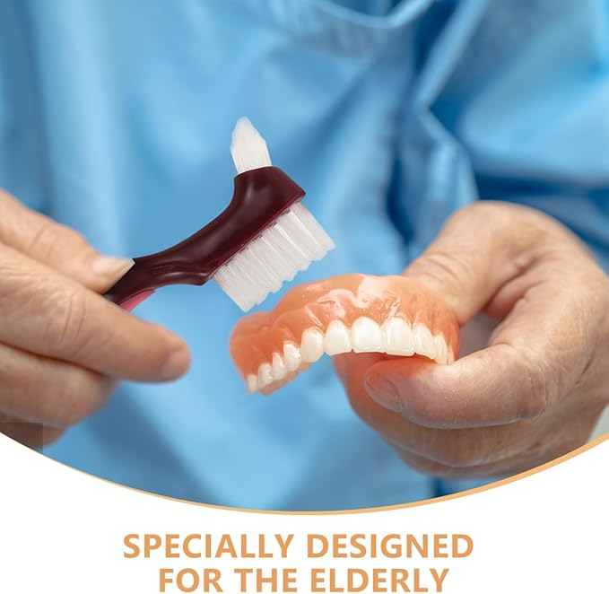 OUNONA Dual Head Denture Toothbrush for False Teeth Hard Bristle Oral Appliance Cleaner with Non-Slip Comfortable Grip 2-Pack Travel-Friendly Dentures Cleaning Brush for Seniors