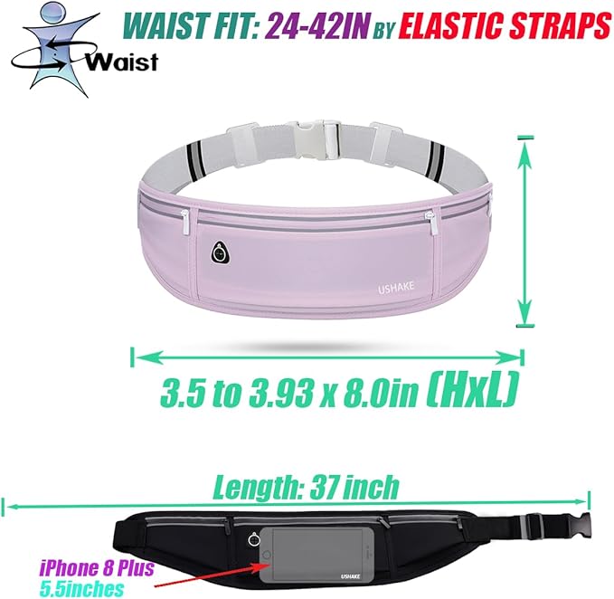USHAKE Slim Running Belt, Workout Fanny Pack for Men Women,Exercise Waist Pack for Apple iPhone Holder, Runner Belt for Running Walking Cycling Camping Gym Light Purple-StrideForce Fitness