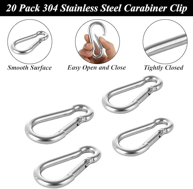 MIVIDE 20 Pack M8 x 3-1/8 inch Carabiner Clips Spring Snap Hook, 304 Stainless Steel Heavy Duty Snap Hooks Carabiner Quick Link Clip for Camping Hiking Traveling Outdoor Swing Gym, 500Lbs Capacity-StrideForce Fitness