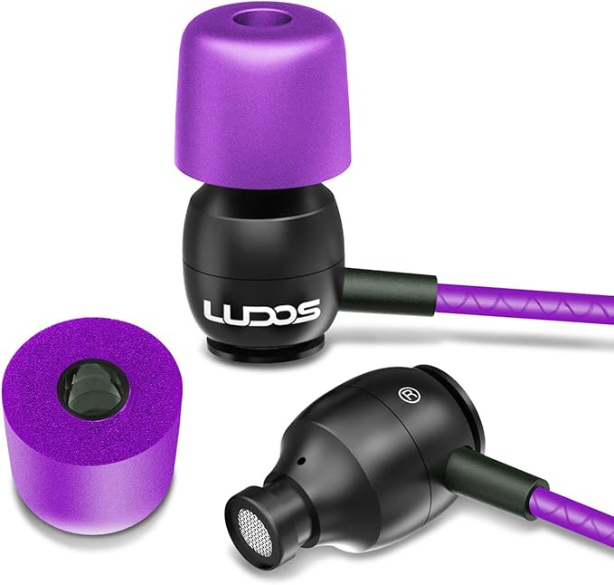 LUDOS Clamor Wired Earbuds in-Ear Headphones, 5 Years Warranty, Earphones with Microphone, Noise Isolating Ear Buds, Memory Foam for iPhone, Samsung, School Students, Kids, Women, Small Ears - Purple-StrideForce Fitness