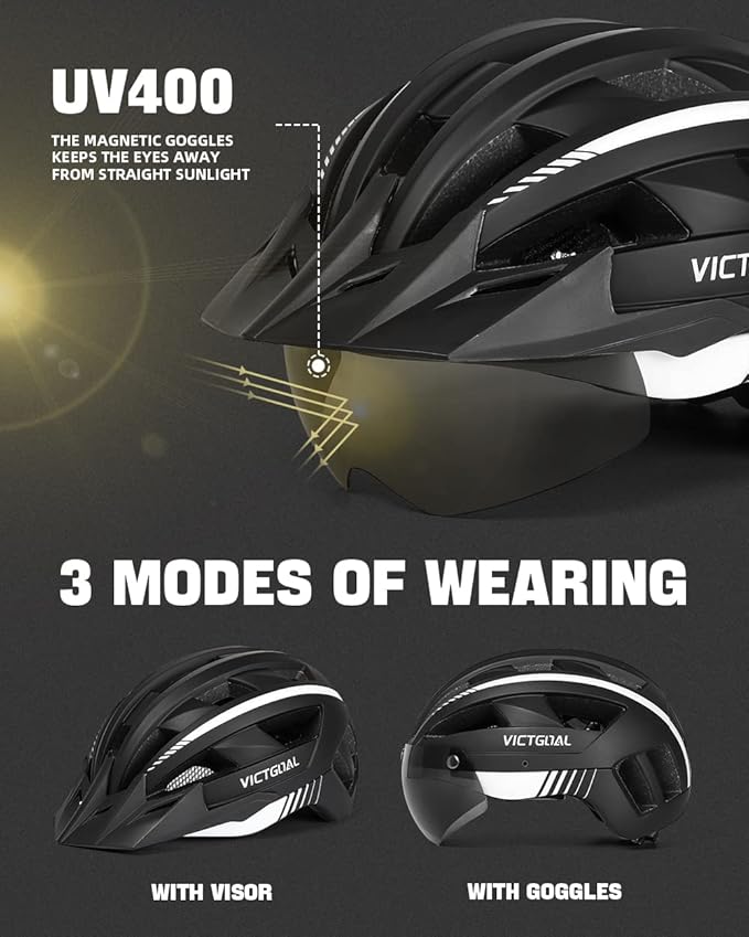 VICTGOAL Bike Helmet for Men Women with Led Light Detachable Magnetic Goggles Removable Sun Visor Mountain & Road Bicycle Helmets Adjustable Size Adult Cycling Helmets-StrideForce Fitness